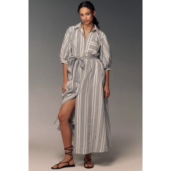 Anthropologie Dresses & Skirts - Anthropologie MAEVE Mona Tie Waist Shirt Dress Blue White Stripe Maxi Medium